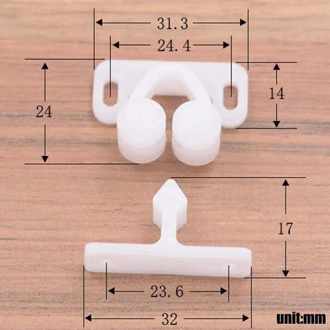 Diagram of Three Pack White Marine Boat Door Catch Sets With Ball Roller Latches showing dimensions, suitable for cabinets and furniture doors.