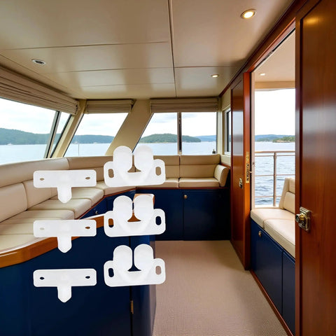 Stylish boat interior with Three Pack White Marine Boat Door Catch Sets with Ball Roller Latches and Spring Back Plates for cabinets.