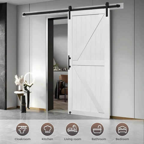 36in x 84in MDF Barn Door with 6.6FT Sliding Hardware Kit, Solid Barn Door Slab Covered with Water-Proof PVC Surface in living room