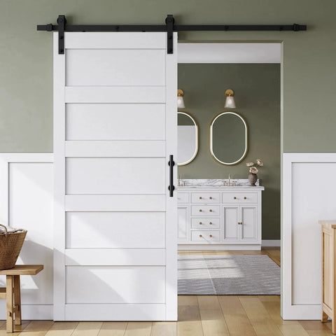 36 Inch By 84 Inch Sliding Barn Door With Six Point Six Foot Hardware Track Kit And Handle, Waterproof PVC Surface for Easy Cleaning and Scratch Resistance, Pre Drilled Holes for Quick Assembly, White MDF Five Panel Door for Home Improvements and Modern Design in Bathroom