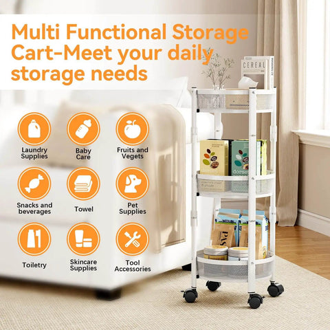 Foldable Three Tier Rolling Cart With Wheels No Assembly Metal Utility Cart For Kitchen Bathroom Dorm Nursery White