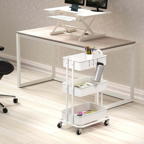 Sturdy 3-Tier Metal Utility Cart On Wheels In White, Heavy Duty Steel Frame With Durable Baskets, Four 2-Inch Casters