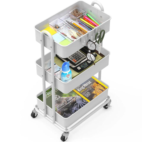 Sturdy 3-Tier Metal Utility Cart On Wheels In White with heavy duty steel frame, visible baskets, and four 2-inch casters filled with items.