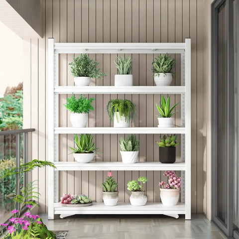 White metal shelving unit with potted plants on a patio, showcasing greenery and flowers in a neat arrangement.