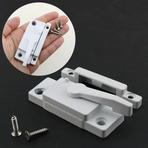 Cam action sash lock provides strong security for sliding windows, shown in white with screws for installation.