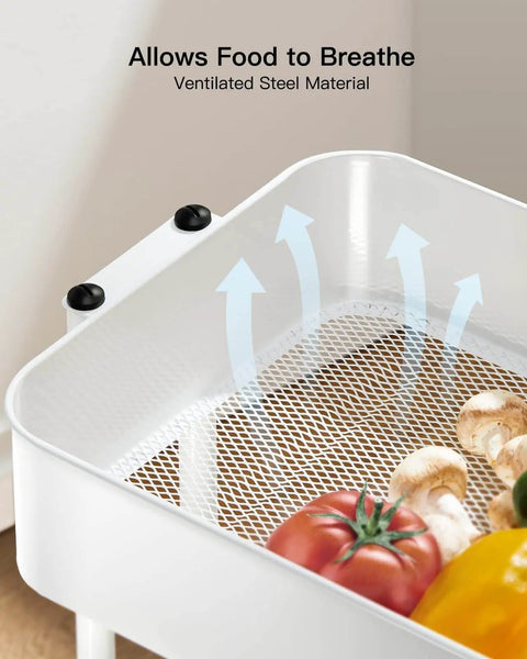 Close-up of Three Tier Metal Rolling Utility Cart by Pipishell showing ventilated mesh shelf with vegetables, in white.