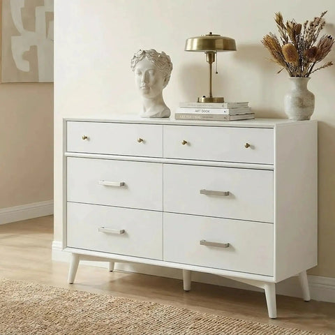 White dresser with brushed nickel cabinet handles showcasing 3 inch center to center square drawer pulls in a modern room setting.