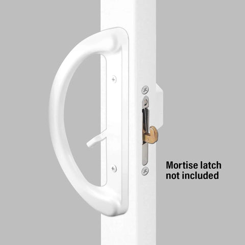 Side view of white diecast Mortise Style Sliding Patio Door Handle Set, non-keyed, 3-15/16” hole spacing, latch not included