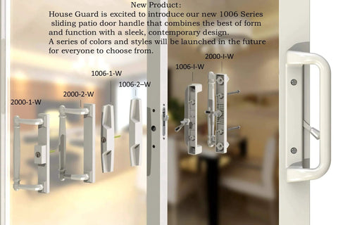 Display of white patio door handle sets with mortise for replacement locks, various models shown, suitable for 3-15/16” screw hole spacing