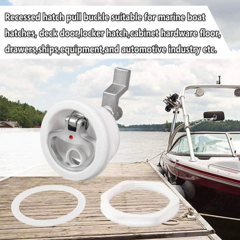 Marine Grade White Nylon Boat Cam Latch With O Handle Flush Mount Fits Two And A Half Inch Hole Non Locking Latch Durable Marine Hardware For Doors Deck Compartments on dock.
