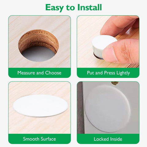 2 Inch White Nylon Hole Plugs For Round Holes, Flush Snap In Panel Inserts For Cabinets, Furniture, Cupboards And Shelves, Locking Door End Caps, Easy No Tools Installation, 4 Piece Set process: measure, press, smooth surface, lock.