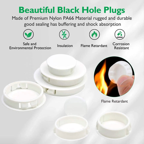 2 Inch White Nylon Hole Plugs For Round Holes, Flush Snap In Panel Inserts For Cabinets, Furniture, Cupboards And Shelves, Easy No Tools Installation, 4 Piece Set