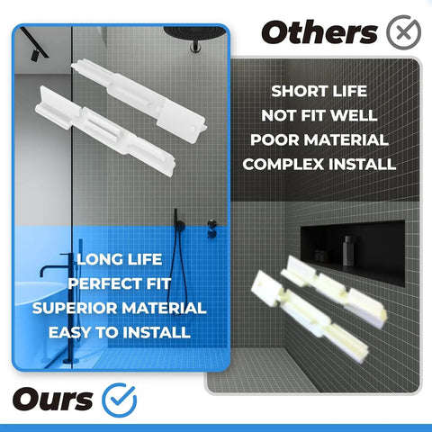 Comparison of sliding shower door bottom sill guide white nylon 2 pack with competing products showcasing fit and durability.