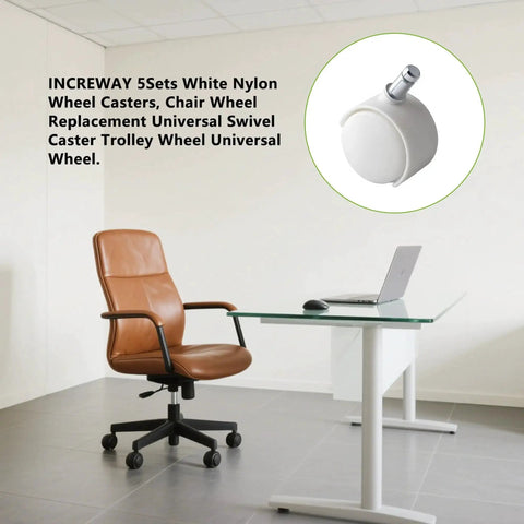 Office chair with Five Sets 2 Inch 360 Degree Swivel Nylon White Desk Chair Casters Replacement Wheels With Threaded Stem And Nuts Universal on floor