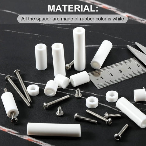 Outlet Spacer Kit With 60 White Spacers And 90 6-32 Thread Round Head Screws displayed on black surface
