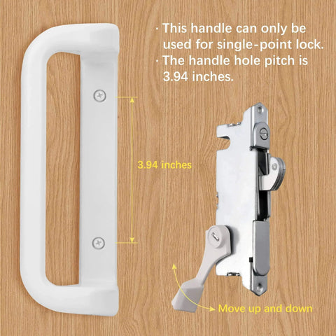 White Patio Door Handle Set with Cylinder Lock,Suitable for Replacement Sliding Patio Doors Lock 3-15/16”Screw Hole Spacing.Choices That Add a Unique to Your Patio Glass Sliding Door. showing handle and lock components on wood background