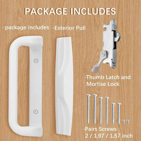 White Patio Door Handle Set with Mortise, Suitable for Replacement Doors Lock 3-15/16” Screw Hole Spacing, package contents shown