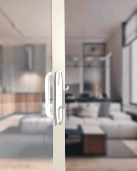 White Patio Door Handle Set with Mortise, Suitable for Replacement Doors Lock 3-15/16” Screw Hole Spacing installed on glass door
