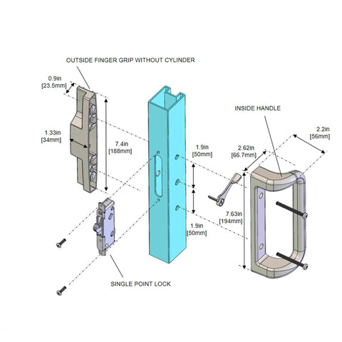 Exploded diagram of White Patio Door Handle Set with Mortise, Suitable for Replacement Doors Lock 3-15/16” Screw Hole Spacing.