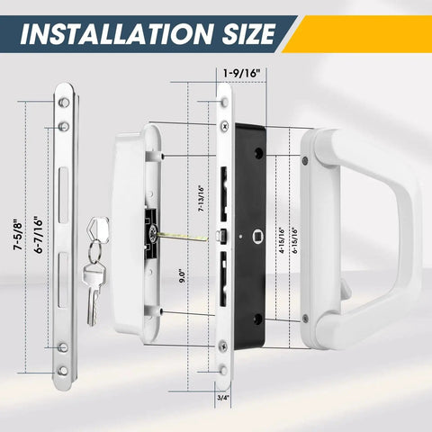 Patio Sliding Door Handle Set With Mortise Lock For 1-1/2 To 2 Inch Thick Doors, 4-15/16 Inch Screw Hole Spacing, White Finish