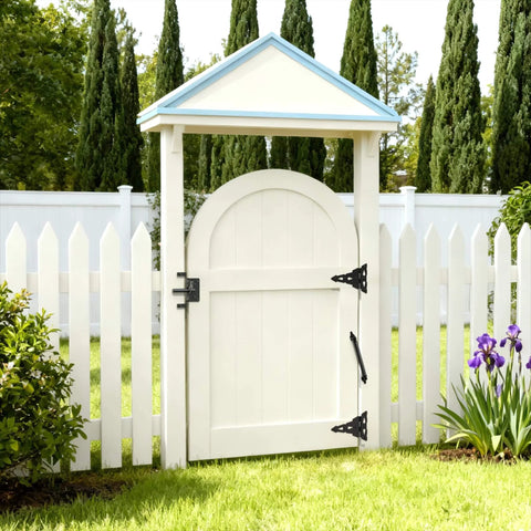 White wooden gate with 14" Fence gate Spring self Closing and Adjustable for Wooden or Vinyl Fence, Carbon Steel, Black hardware.