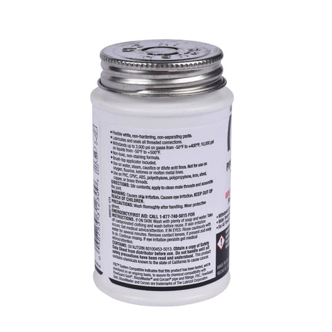 Non Toxic Non Hardening White Pipe Joint Compound For Threaded Joints, 4 oz jar back view, detailed safety and usage instructions