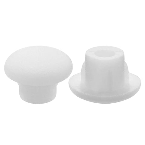 White 5mm Plastic Hole Plugs Pack Of 300 Button Top Screw Covers for cabinets and furniture, fits 5mm holes, two views shown.