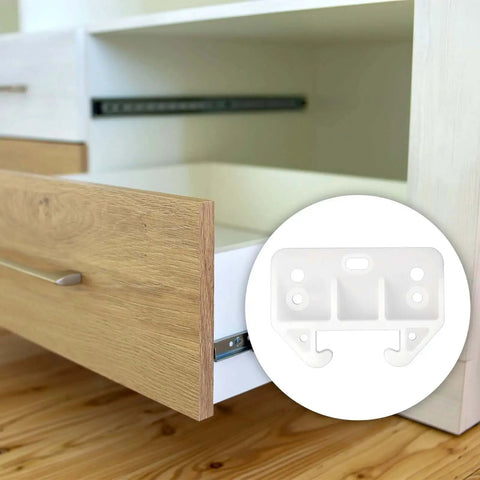 Six Pack White Plastic Drawer Guides Rails Replacement Kit With Screws for dresser showing installed guide and drawer detail.