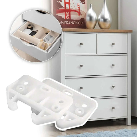 Six Pack White Plastic Drawer Guides Rails Replacement Kit With Screws for dresser restoration shown with dresser and drawers