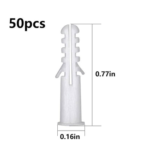Close-up of a white plastic drywall anchor, measuring 0.77in by 0.16in, included in the Complete 274 Pcs Drywall Anchors And Screws Kit.