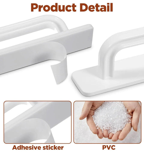 Close-up of 4 Pack Small White Plastic Handles 3.9 Inch Self Adhesive No Drill Installation for various surfaces, showing adhesive and PVC material details.