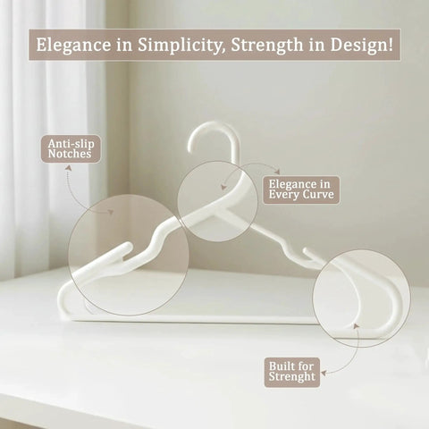 Space saving 50 pack slim plastic hangers provide durable, lightweight closet organization for apartments and dorm rooms, close-up of hanger features.