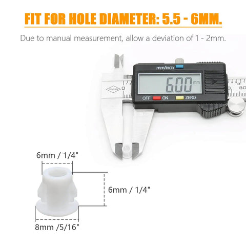 White Plastic Hole Plugs 6mm 1 Quarter Inch Flush Snap In Locking End Caps Pack Of 100 with caliper measurement for furniture use.