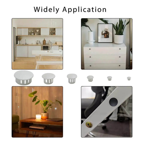 Super Handy 155 Piece White Plastic Hole Plugs Set In 6 Sizes 5mm 6mm 8mm 10mm 13mm And 25mm displayed in various furniture settings