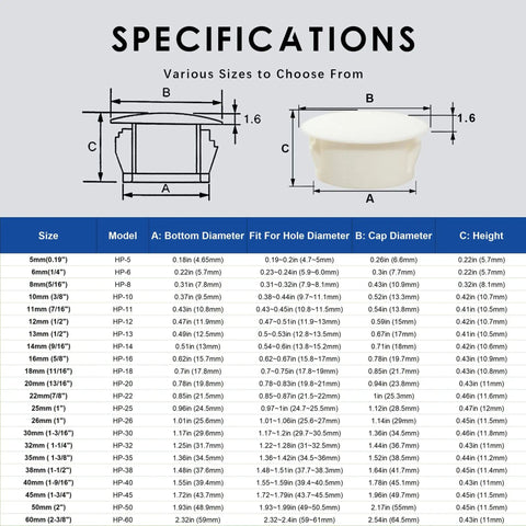 Size chart and diagram for White 3/8 Inch Plastic Hole Plugs For Panels Cabinets Fencing And Pipes Flush Snap In Locking End Caps 10 Mm Hole Fit 13 Mm Cap 60 Pack Nylon RoHS Compliant BOPOREAE.
