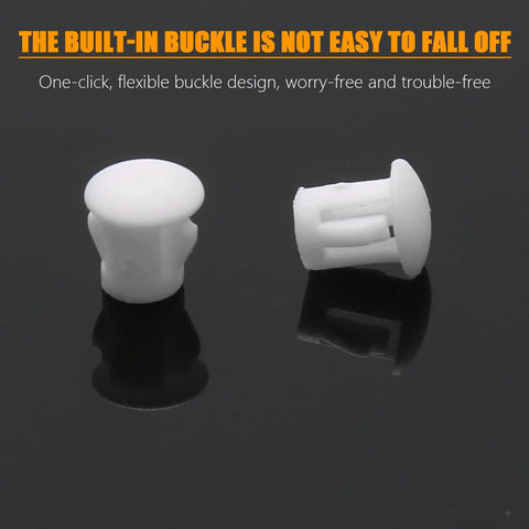 White Plastic Hole Plugs 6mm 1 Quarter Inch Flush Snap In Locking End Caps Pack Of 100 For Furniture Posts Pipes Tubes Fencing And Hardware Easy Install Hidden Fit For Hole Covers And Clean Finished Look, showing close-up view of two pieces on black surface with flexible buckle design.