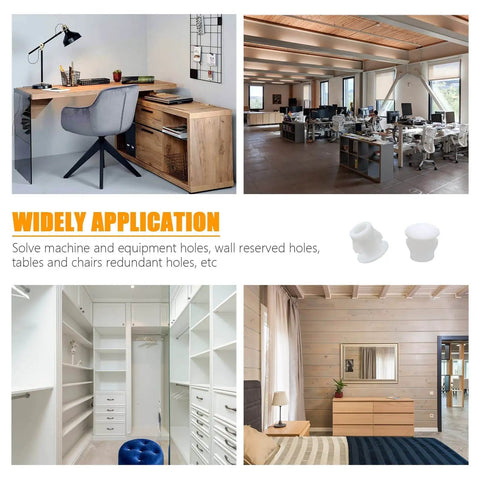 Collage showing various furniture setups with White Plastic Hole Plugs 6mm 1 Quarter Inch Flush Snap In Locking End Caps Pack Of 100