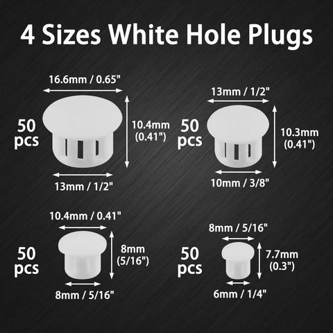 Assorted White Plastic Hole Plugs Set Of Four Sizes One Quarter Inch Five Sixteenths Inch Three Eighths Inch One Half Inch No Fuss Flush