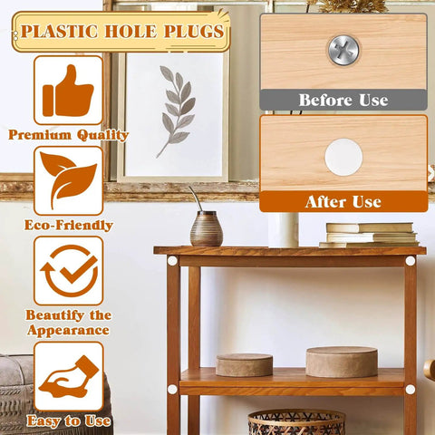 Screw Hole Plugs Pack Of 200 White Plastic Round Button Covers For Cabinets Cupboards And Shelves Multiple Size For Quick Concealment And A Neat Clean Look shown with installation comparison before and after use.