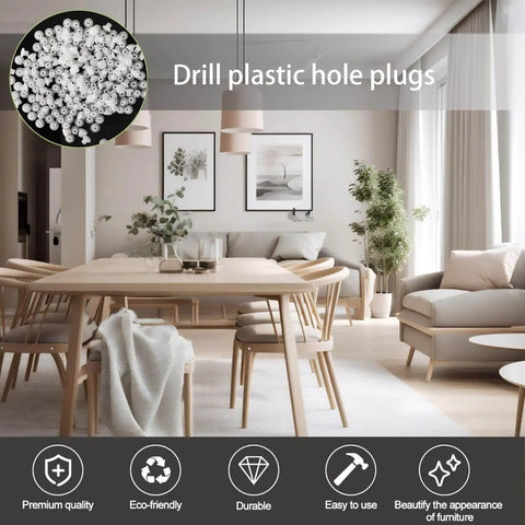 200 Pcs White 5 Millimeter Plastic Hole Plugs Flush Snap In Locking Round Hole Caps For Wardrobes Cupboards Cabinets Shelves And Bookcases Screw Covers displayed in a living room setting.