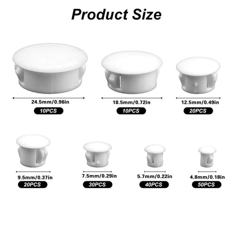 Plastic Hole Plugs Kit White 180 Pcs Round Panel Knockout Locking Plugs Drill Hole Covers For Kitchen Cabinets And Furniture Insert End Caps Mixed Sizes 1 In 3/4 In 1/2 In 3/8 In 5/16 In 1/4 In 1/5 In showing various sizes