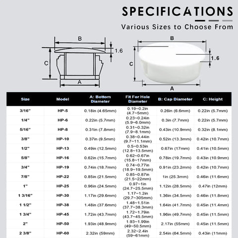 White 3/8 Inch Plastic Hole Plugs For Panels Cabinets Fencing And Pipes Flush Snap In Locking End Caps 10 Mm Hole Fit 13 Mm Cap 60 Pack Nylon RoHS Compliant BOPOREAE, product specifications chart
