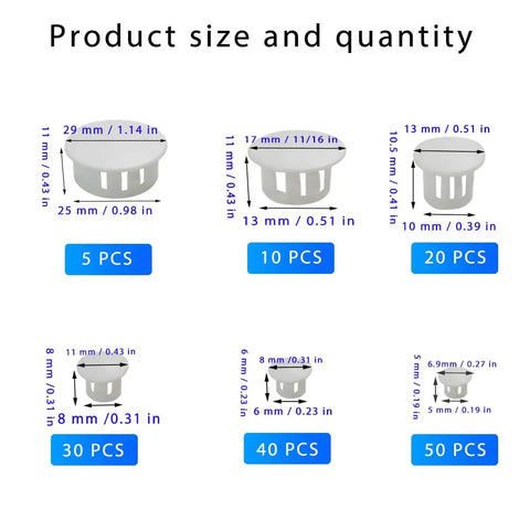 Super Handy 155 Piece White Plastic Hole Plugs Set In 6 Sizes 5mm 6mm 8mm 10mm 13mm And 25mm showing sizes and quantities