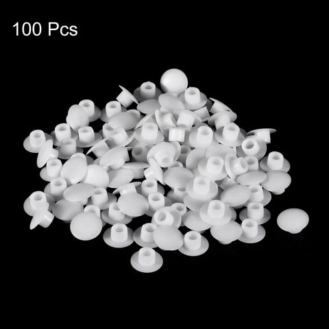 Image of a 100 pack of Six Millimeter White Plastic Snap In Shelf Hole Plugs Flush Caps for furniture cupboard use by Uxcell.