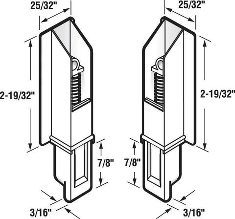 Diagram of White Plastic Sliding Panel Door Bottom Guides For Glide All Systems Three Sixteenths Inch Insert Tip Into Three Sixteenths Inch Channel Spring Loaded With Seven Eighths Inch Height Adjustment Bottom Corner Mount Single Pack