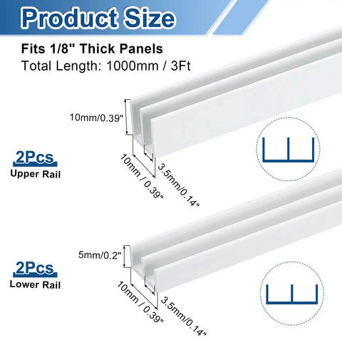 White Plastic Sliding Door Track Kit For One Eighth Inch Glass Panels showing 3 ft upper and lower rails with dimensions.