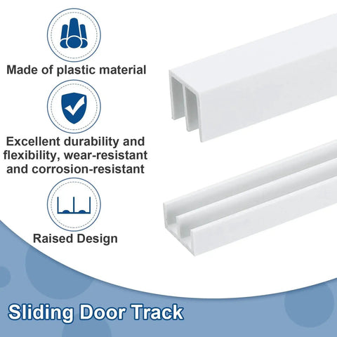 White Plastic Sliding Door Track Kit For One Eighth Inch Glass Panels with upper and lower rails, ideal for various installations.