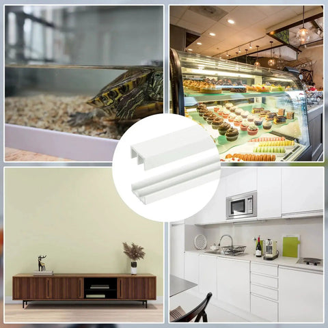 Collage of environments including a living room, kitchen, and store with White Plastic Sliding Door Track Set for 1/4 Inch Thick Panels.