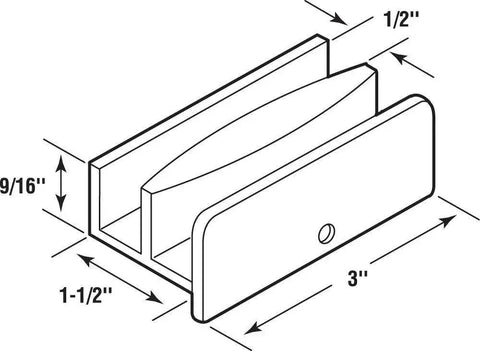 Illustration of Sliding Shower Door Bottom Guide Half Inch Channel, White Plastic Construction, showing dimensions and shape.