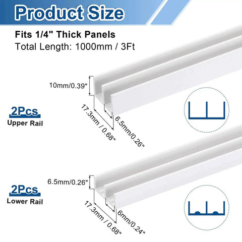 Diagram showing sizes of white plastic sliding door track set for one quarter inch thick glass panels with upper and lower rails.